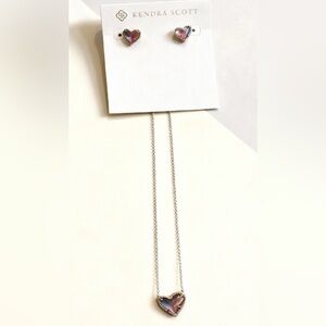 NWT Kendra Scott Ari Heart Silver Necklace & Earrings - Rhodium Watercolor